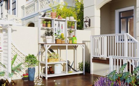 TOPMAX 64.6" Large Outdoor Potting Bench, Garden Potting Table, Wood Workstation with 6-Tier Shelves, Large Tabletop and Side Hook for Mudroom