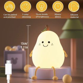 LED Pear Fruit Night Light Cute Rechargeable Dimming Touch Silicone 7 Color Table Lamp Bedroom Bedside Decor Gift Kid Boby Light (Ships From: China, Emitting Color: Upgrade pear)